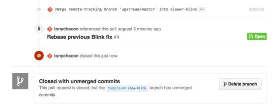 Figure 100. Link back to the new Pull Request in the closed Pull Request timeline