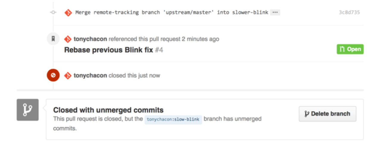 Figure 100. Link back to the new Pull Request in the closed Pull Request timeline