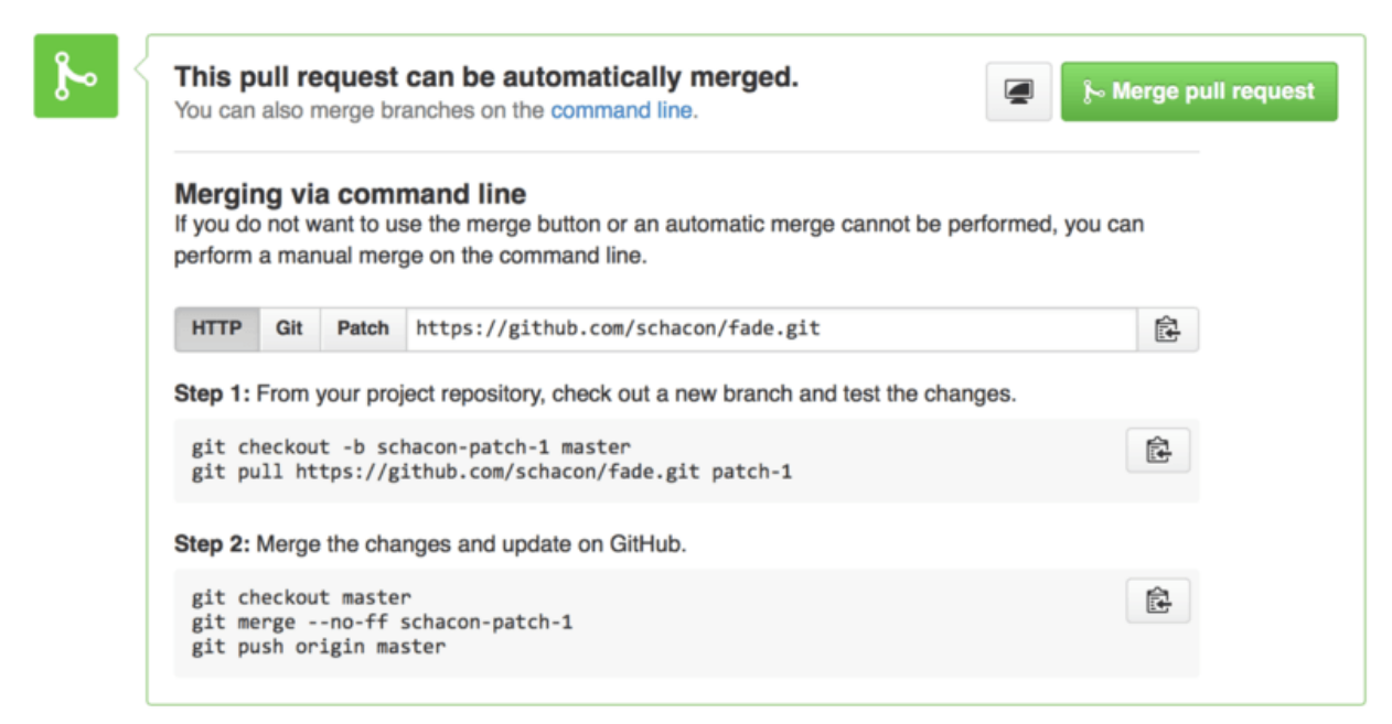 Figure 116. Merge button and instructions for merging a Pull Request manually