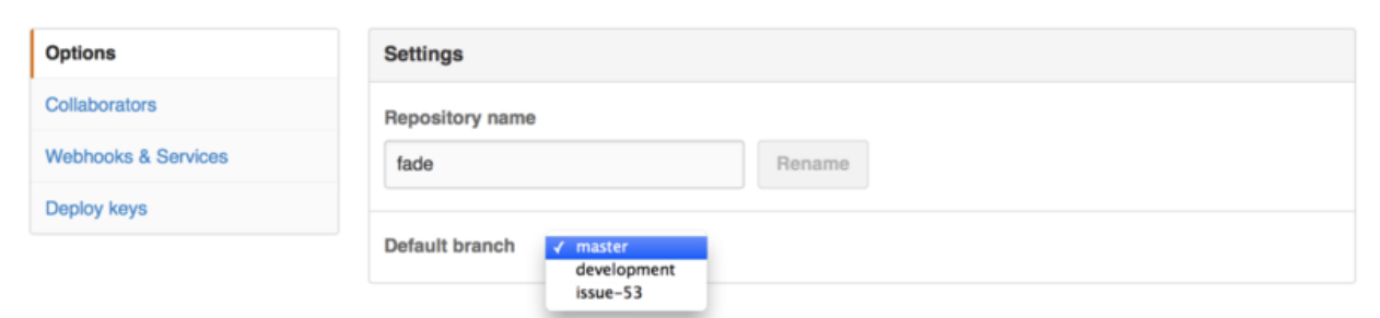 Figure 123. Change the default branch for a project
